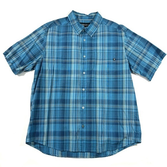 Marmot Mens Button Front Shirt Blue Plaid Short Sleeve - Picture 1 of 7